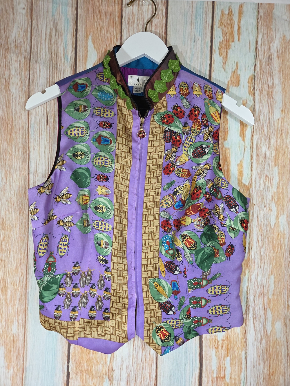 Tapp New York vintage whimsical silk vest ladybugs leaves size L